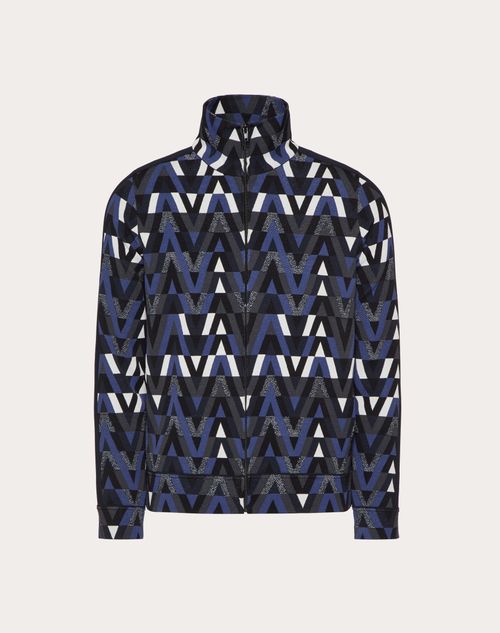 Valentino - Zip-up Knitted Sweatshirt With Optical Valentino Motif - Navy/multicolor - Man - Man Ready To Wear Sale