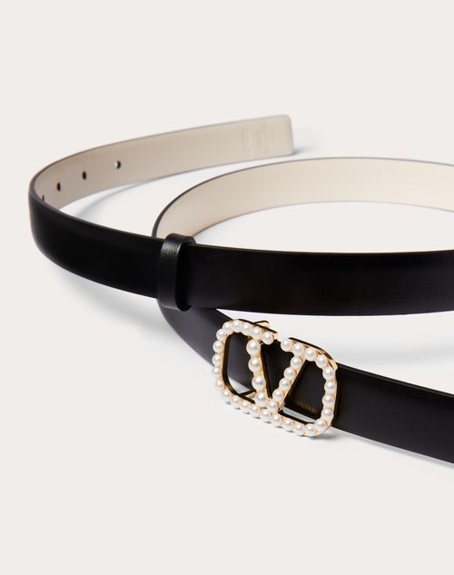 Valentino Garavani - Vlogo Signature Reversible Belt In Shiny Calfskin With Pearls 20 Mm - Black - Woman - Belts
