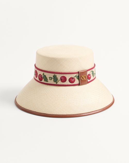 Valentino Garavani - Cherryfic Straw Bucket Hat With Leather Trim And Cherryfic Ribbon - Natural/saddle Brown - Woman - Hats And Gloves