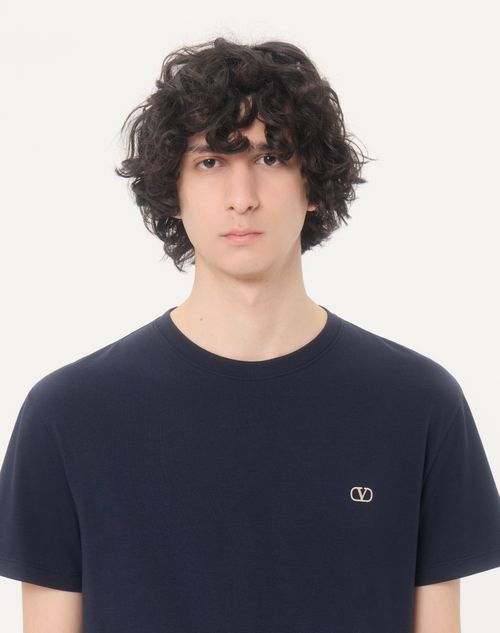 Valentino - Valentino Cotton T-shirt With Vlogo Embroidery - Navy - Man - T-shirts And Sweatshirts