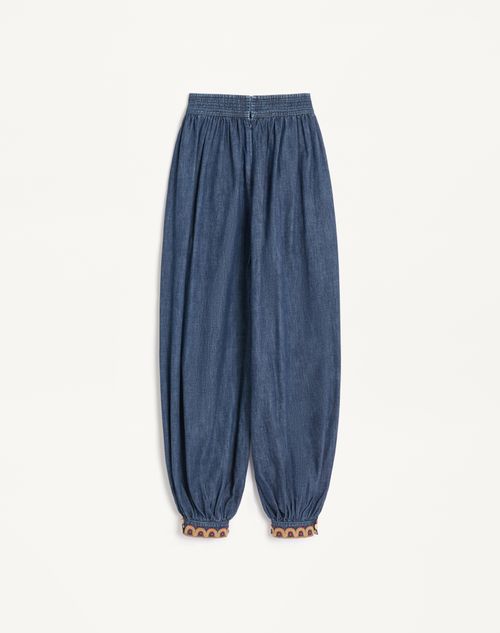 Valentino - Balloon Pants In Embroidered Denim Chambray - Denim - Woman - Denim