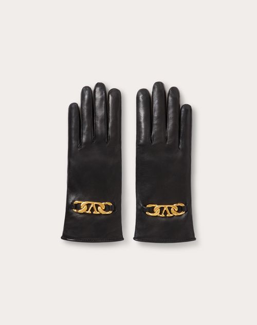 Valentino Garavani - Valentino Garavani Vlogo Chain Gloves In Nappa And Cashmere - Black - Woman - Hats And Gloves