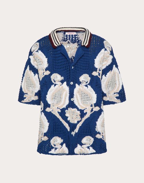 Valentino - Cotton Bowling Shirt With Metamorphos Tulips Pattern - Indigo/pearl Grey - Man - Knitwear