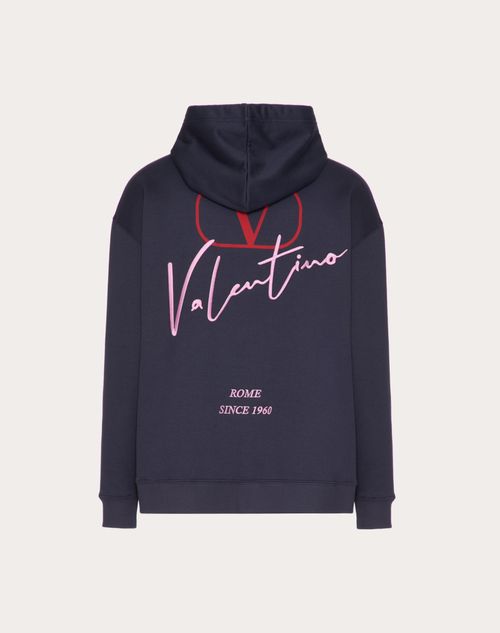 Valentino - Cotton Hooded Sweatshirt With Valentino Embroidery And Vlogo Signature Print - Navy - Man - Ready To Wear