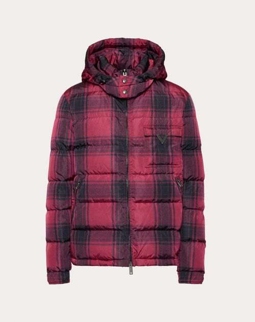 Valentino - Nylon Hooded Down Jacket With All-over Check Print And Metallic V Detail - Red/black - Man - Man Ready To Wear Sale