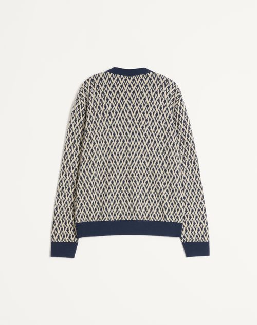 Valentino - Wool Jumper With Toute La V Jacquard Pattern - Navy/cream - Man - Knitwear