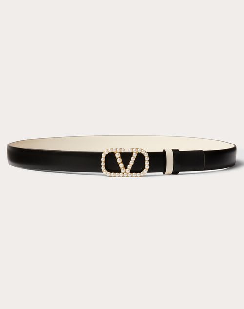 Valentino Garavani - 유광 송아지 가죽 진주 장식 브이로고 시그니처 리버서블 벨트 20 Mm - 블랙 - 여성 - Belts - Accessories