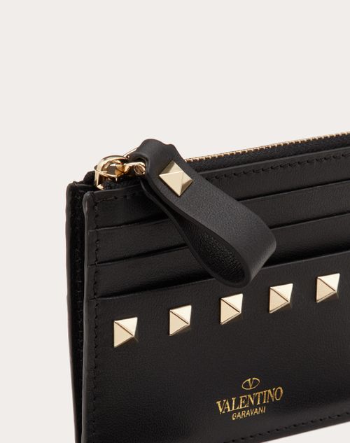 Rockstud Calfskin Cardholder With Zipper for Woman in Black