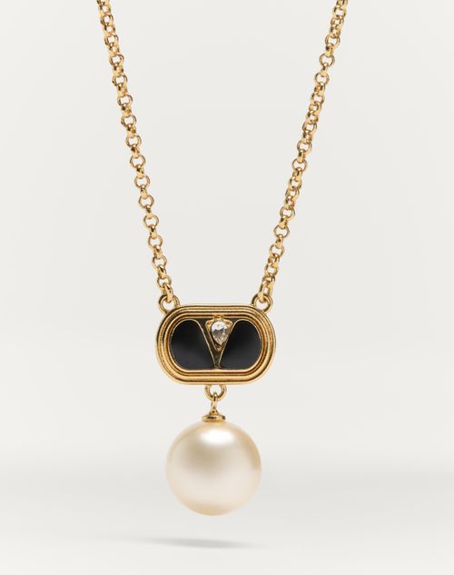 Valentino Garavani - Valentino Garavani Ovalette Metal Necklace With Enamel, Crystal And Swarovski® Pearl - Gold/black - Man - Jewellery