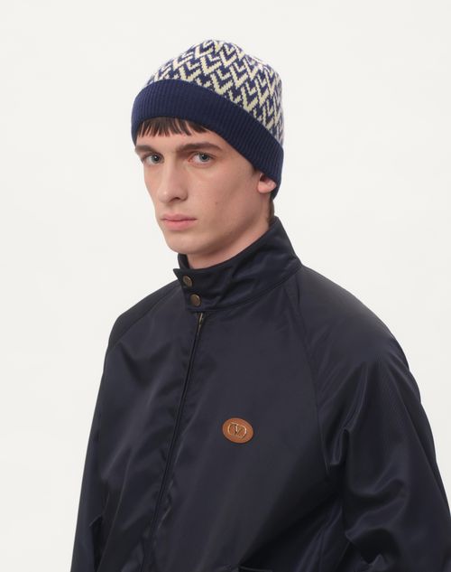 Valentino Garavani - Toute La V Signature Knitted Wool Beanie - Navy/cream - Man - Hats And Gloves