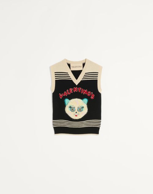 Valentino - Le Chat De La Maison Embroidered Gilet - Black/multicolor - Woman - Knitwear