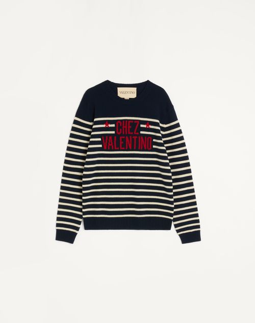 Valentino - Wool Jumper With Chez Valentino Jacquard Motif - Blue/butter - Man - Knitwear