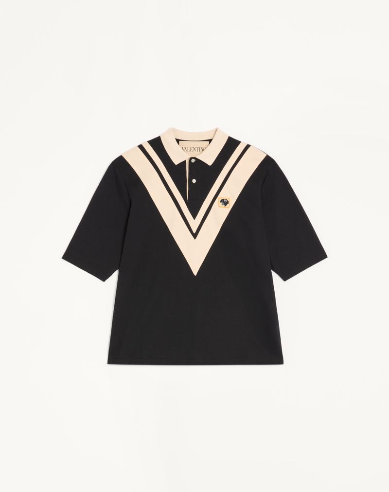 Polo Coton V Incrusté Écusson Panther Noir/Beurre — Valentino