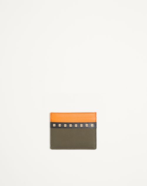 Valentino Garavani - Valentino Garavani Stud Up Cardholder In Nylon And Grainy Calfskin - Olive Green/orange - Man - Wallets And Small Leather Goods
