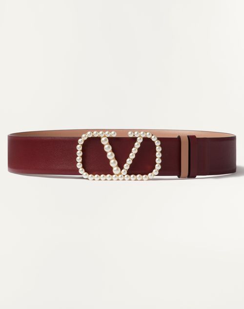 Valentino Garavani - 유광 송아지 가죽 진주 장식 브이로고 시그니처 리버서블 벨트 40 Mm - 로즈 카넬/버건디 - 여성 - 벨트