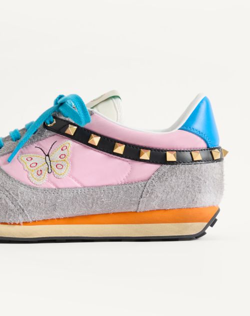 Valentino Garavani - Stud Up Sneaker In Split Leather And Nylon With Butterfly Embroidery - Pink/multicolor - Man - Sneakers