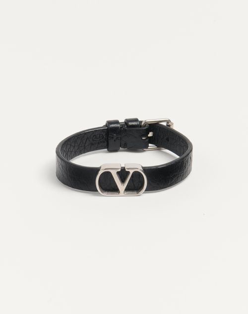 Valentino Garavani - Pulsera Vlogo Signature De Cuero Graneado De Becerro - Negro - Hombre - Jewels - M Accesories