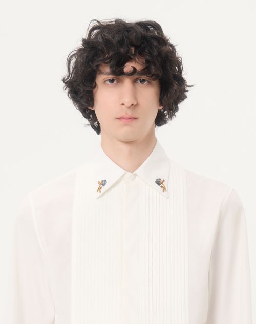 Valentino - Valentino Cotton Poplin Shirt With Pleated Plastron And Embroidery On The Collar - White - Man - Shirts