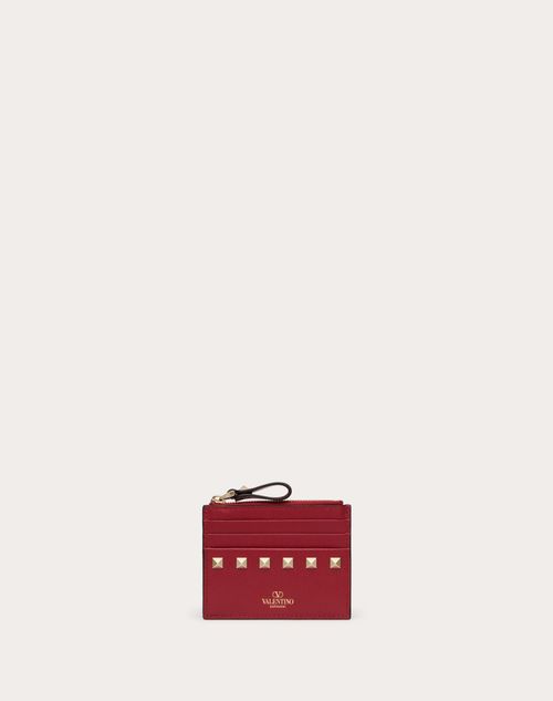 Valentino Garavani - Rockstud Calfskin Cardholder With Zipper - Rosso Valentino - Woman - Wallets And Small Leather Goods