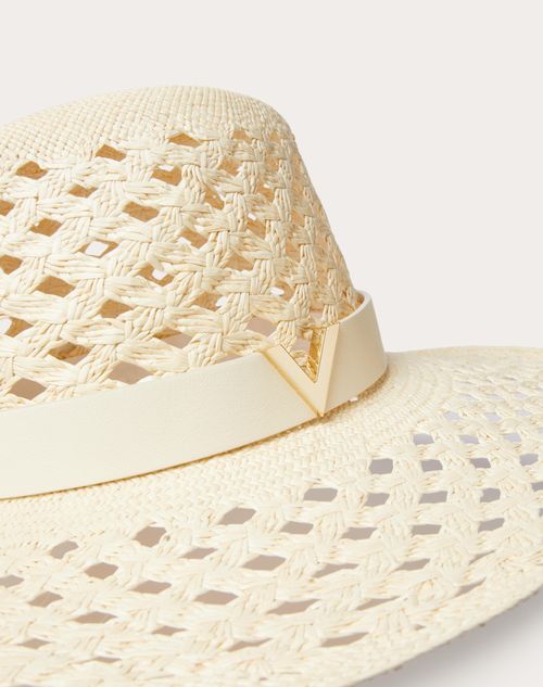 Valentino Garavani - Sombrero Fedora V Detail De Paja Y Cuero - Marfil - Mujer - Sombreros Y Guantes