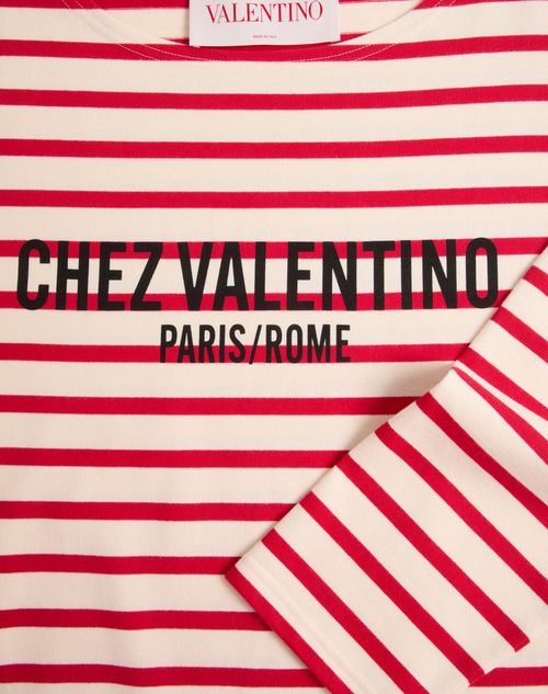 Valentino - Long-sleeved Cotton T-shirt With Chez Valentino Print - Butter/red - Man - T-shirts And Sweatshirts