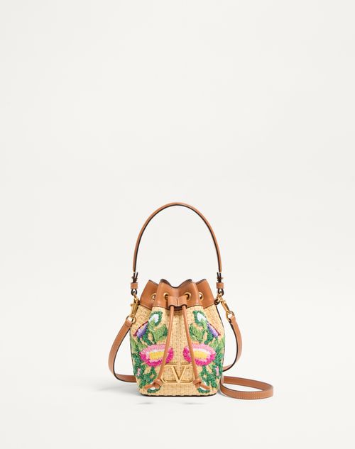 Valentino Garavani - Minibolso Tipo Saco Vlogo Signature De Rafia Con Bordado Floral - Multicolor/cámel - Mujer - Summer Totes - Bags (vlogo Totes/signature)