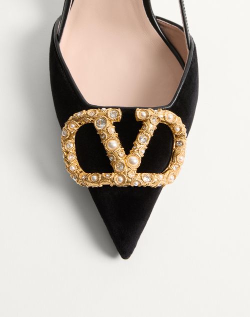 Valentino Garavani - Vlogo Signature Slingback Pumps In Velvet With Jewel Logo 80mm - Black - Woman - Pumps