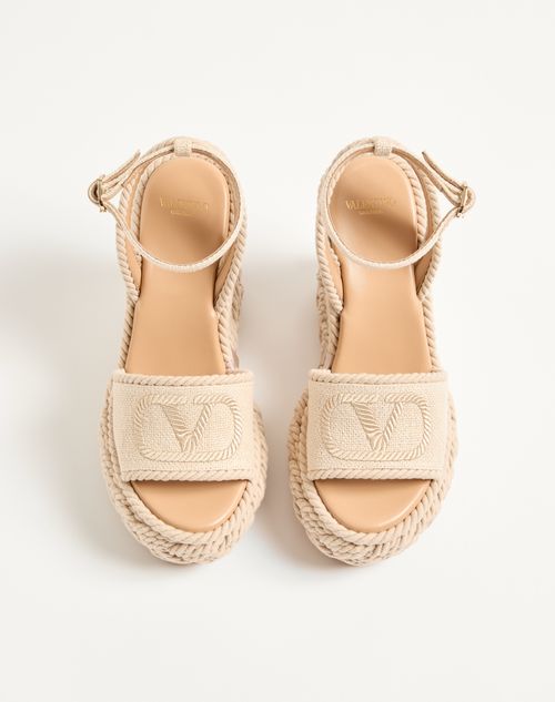Valentino Garavani - Sandalo Zeppa Vlogo Torchon In Canvas Di Lino 130mm - Ecru - Donna - Espadrillas E Zeppe