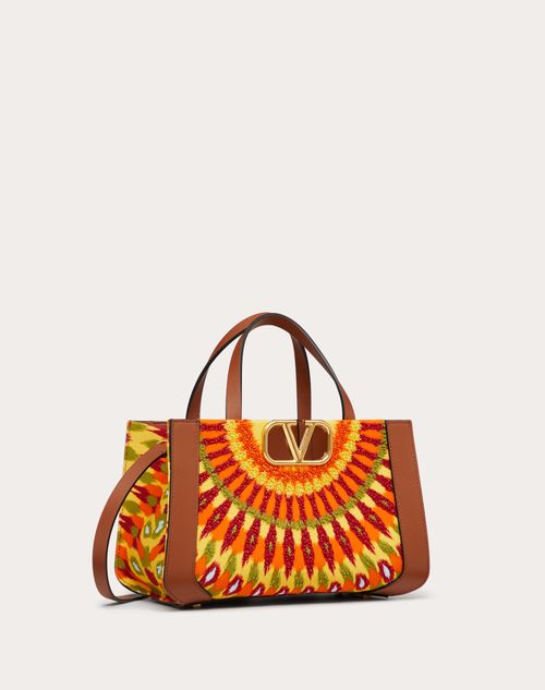 Valentino Garavani - Round Rain Embroidered Small Canvas Handbag - Orange/multicolor - Woman - Summer Totes - Bags