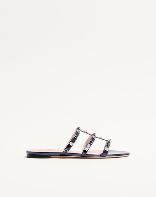 Valentino Garavani - Rockstud Slide Sandal In Laminated Nappa With Cabochon - Navy - Woman - Slides And Thongs
