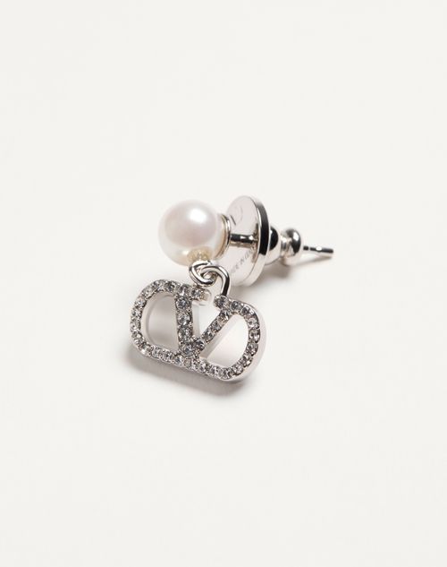 Valentino Garavani - Vlogo Signature Earrings In Metal, Pearl And Swarovski® Crystals - Palladium/cream/crystal - Woman - Jewellery