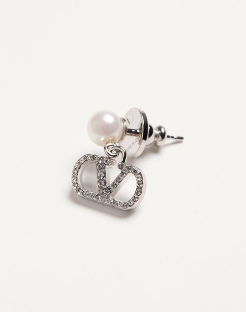 Valentino Garavani - Vlogo Signature Earrings In Metal, Pearl And Swarovski® Crystals - Palladium/cream/crystal - Woman - Jewellery