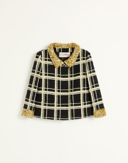 Valentino - Embroidered Macro Check Tweed Jacket - Black/ivory/gold - Woman - Jackets And Blazers