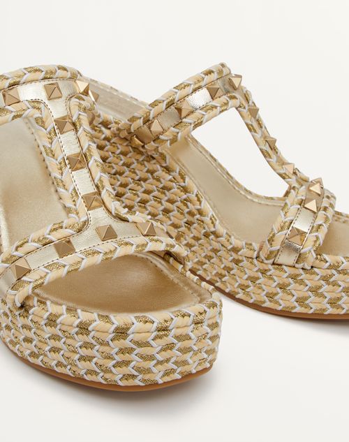 Rockstud Laminated Nappa Wedge Sandal 90 Mm for Woman in Natural ivory gold platinum Valentino AE