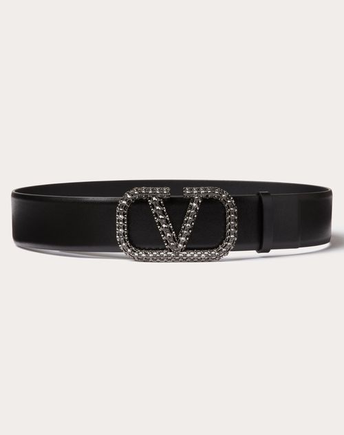 Valentino Garavani - Cinturón De 40 mm De Cuero De Becerro Brilloso Con El Vlogo Signature - Negro - Mujer - Cinturones