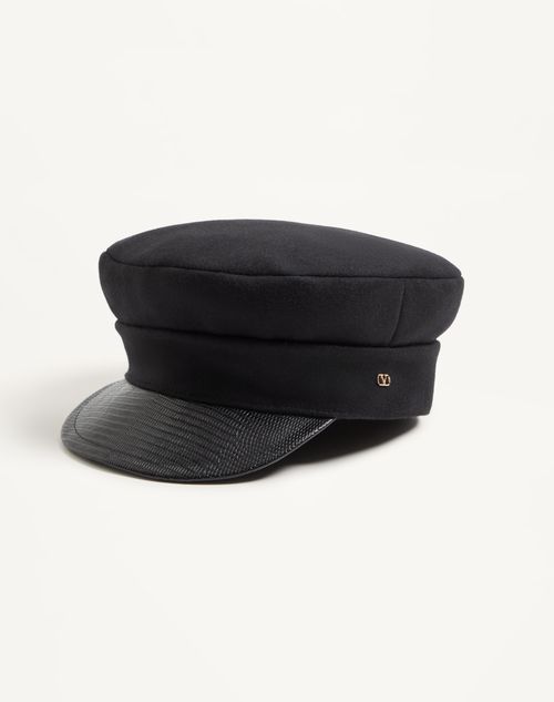 Valentino Garavani - Vlogo Signature Wool Cap With Leather Visor - Black/gold - Man - Hats And Gloves