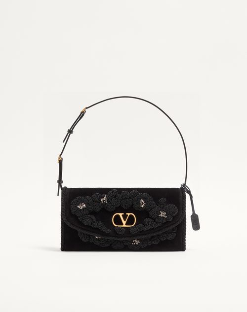 Valentino Garavani - Valentino Garavani Devain Small Embroidered Velvet Shoulder Bag - Black - Woman - Shoulder Bags
