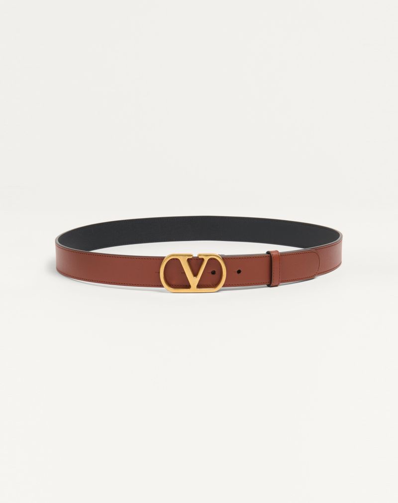 Ceinture VLogo Signature Cuir Veau Brillant 30mm Caramel Foncé — Valentino