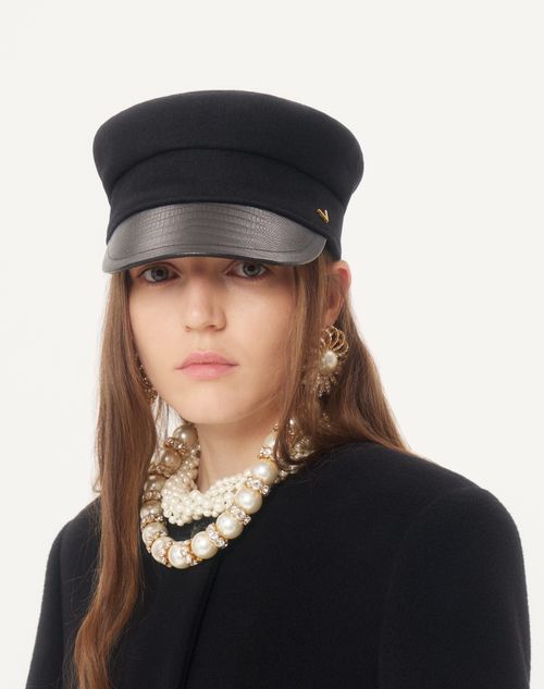Valentino Garavani - Valentino Garavani Vlogo Signature Wool And Printed Leather Cap - Black - Woman - Hats And Gloves