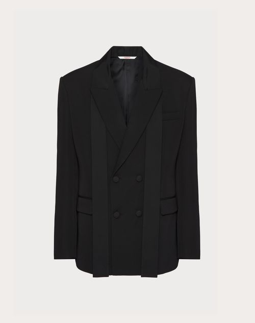 Valentino - 실크 파유 스카프 칼라 디테일 더블 브레스트 울 재킷 - 블랙 - 남성 - 신제품