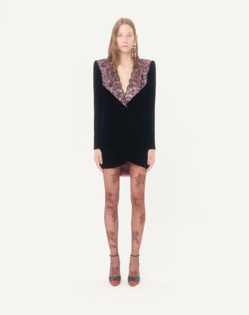 Valentino - Abito Corto In Velluto Con Pizzo - Nero/rosa - Donna - Abiti