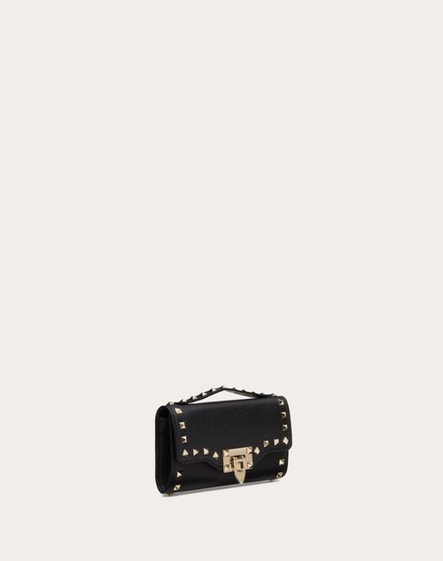 Rockstud Grainy Calfskin Wallet With Chain Strap for Woman in Black ...