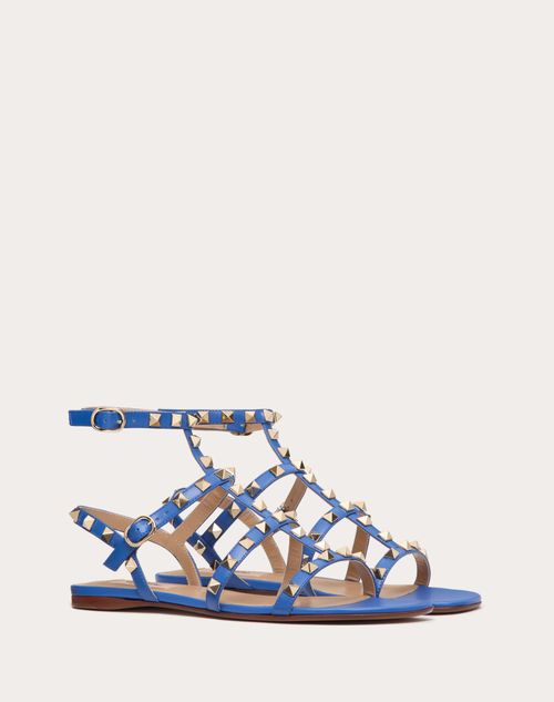 Valentino Garavani - Rockstud Flat Calfskin Sandal With Straps - Cobalt - Woman - Sandals