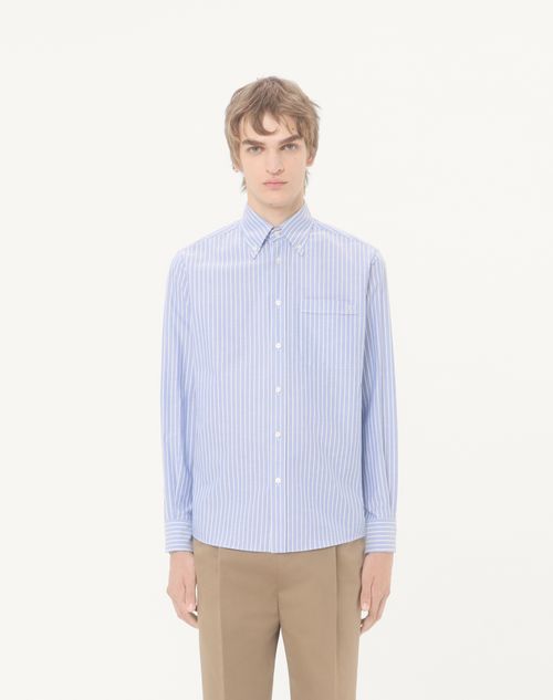 Valentino - Camicia In Cotone Con Ricamo Vlogo - Bianco/azzurro - Uomo - Camicie