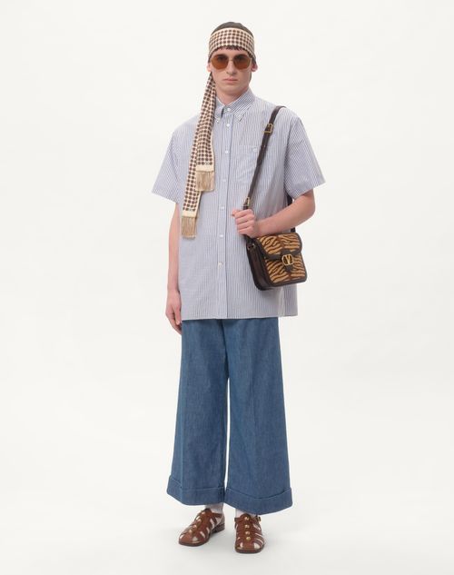 Valentino - Short-sleeved Cotton Shirt With Vlogo Embroidery - White/blue - Man - Man Ready To Wear Sale