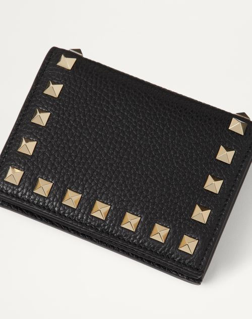 Valentino Garavani - Petit Portefeuille Rockstud En Veau Grainé - Noir - Femme - Portefeuilles Et Petite Maroquinerie