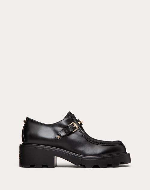 Valentino Garavani - Zapatos Monk Strap Rockstud De Cuero De Becerro Con Tacón De 55 mm - Negro - Mujer - Shelf - W Shoes - Loafers