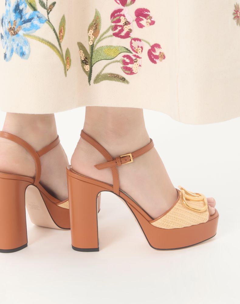 Valentino Garavani Vlogo Signature Platform Sandal In Raffia 115Mm Woman Beige 39.5