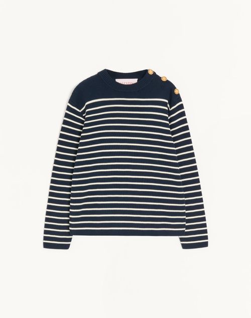 Valentino - Striped Cotton Crewneck Sweater With Buttons On The Shoulder - Indigo/butter - Man - Knitwear