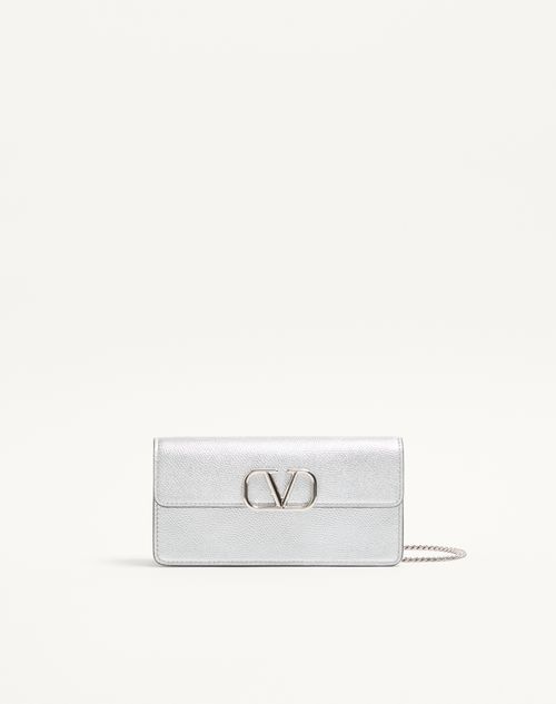 Valentino Garavani - Vlogo Signature Portemonnaie Aus Genarbtem Metallic-kalbsleder Mit Kettenriemen - Silber - Frau - Pochetten
